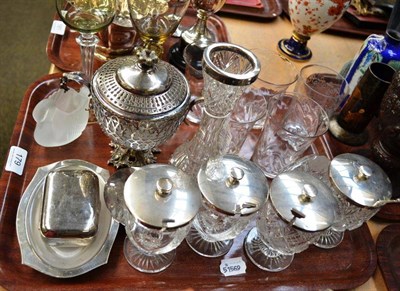 Lot 179 - A tray of drinking glasses, a silver topped posy vase and four cut glass bowls with silver...
