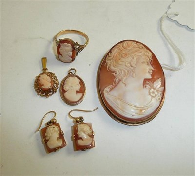 Lot 193 - A cameo brooch, a ring, two pendants and a pair of earrings