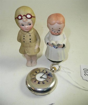 Lot 210 - Half hunter silver pocket watch and two bisque doll figures including 'Amy Johnson'