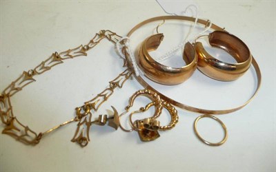 Lot 212 - A 9ct gold fancy bracelet, a 9ct gold bangle, three pairs of earrings and a single hoop earring