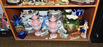 Lot 230 - A shelf of decorative ceramics and glass including a pair of Royal Worcester style pink and...