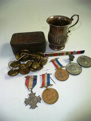 Lot 260 - Silver mug, Peak Frean biscuit tin, medals and buttons