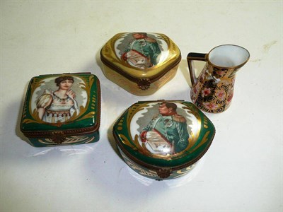 Lot 261 - Three Limoges hinged boxes and a Royal Crown Derby Imari miniature jug