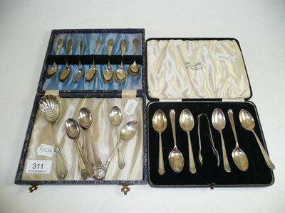 Lot 311 - Cased set of six silver teaspoons and tongs, set of twelve silver teaspoons, silver sifter...