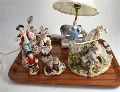 Lot 315 - Two Meissen porcelain figures, five Continental figures and a figural lamp base