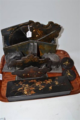 Lot 321 - Victorian black and gilt papier mache items and ebony elephant bookends