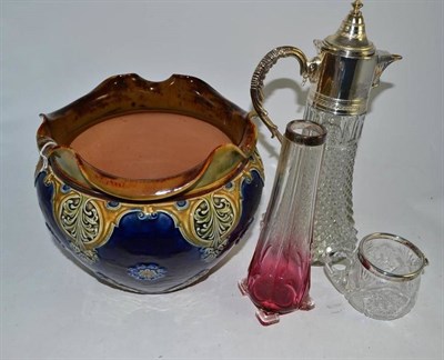 Lot 338 - A Royal Doulton planter, silver plated claret jug, silver topped vase and jug