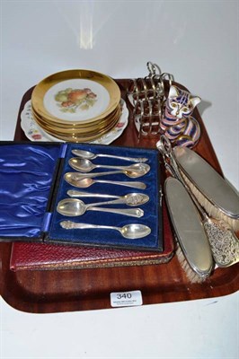 Lot 340 - Royal Crown Derby Imari seated cat, pair of plated toast racks, silver mounted brushes, cased...