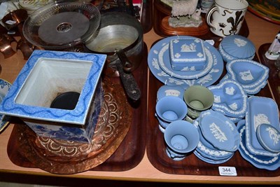 Lot 344 - A Victorian glass tazza, a quantity of Wedgwood Jasperware, two Arts & Crafts copper trays, etc