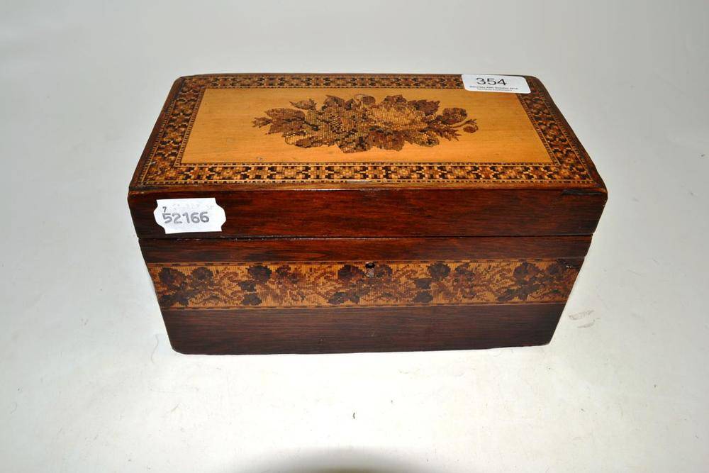 Lot 354 - A Tunbridge ware tea caddy with two divisions, decorated with a floral border and a floral motif to