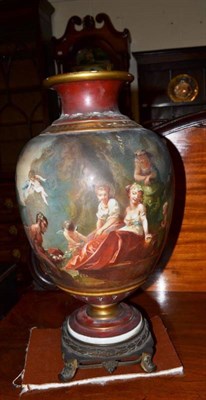 Lot 383 - A large Italian style glass vase decorated with classical figures raised on a cast metal base