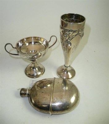 Lot 409 - A silver Art Nouveau vase, engraved silver pedestal trophy cup, a Victorian silver hip flask...