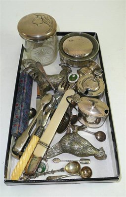 Lot 412 - A silver and ivory page turner, two silver mustard pots silver and plated ware etc