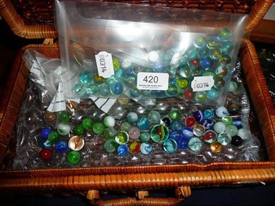 Lot 420 - A collection of marbles, including six 19th century hand-blown multi swirls etc