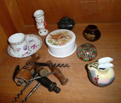 Lot 427 - Mixed collectables including corkscrews, bottle openers, Doulton Series ware pot, bronze...