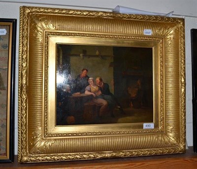 Lot 490 - 18th century Dutch School gilt framed oil on panel depicting figures drinking in a heavy gilt...