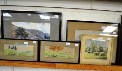 Lot 491 - Pair of small landscape drawings, three watercolour landscapes and a print