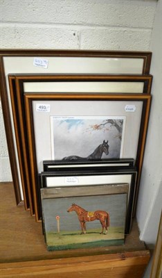 Lot 493 - Two early 20th century oils on panel of race horses and a collection of equestrian prints, etc