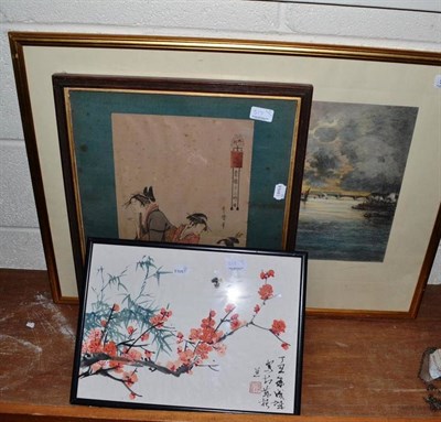 Lot 517 - A coloured print of the River Thames, a Japanese woodblock print and another print