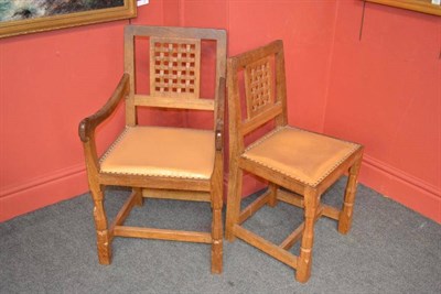 Lot 867B - A Set of Six (4+2) Robert  "Mouseman " Thompson Oak Lattice Back Dining Chairs, on two...