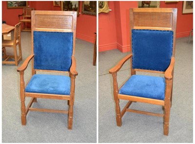 Lot 879A - A Pair of Martin  "Lizardman " Dutton Panelled Oak Armchairs, on front turned octagonal legs,...