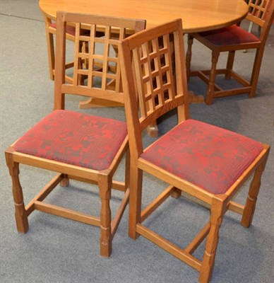 Lot 884B - A Set of Six Old Mill Furniture Oak Lattice Back Chairs, drop-in seats, on two turned octagonal...