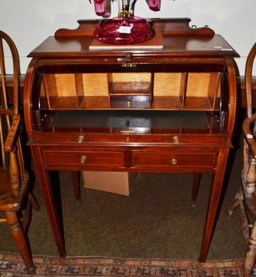 Lot 671 - Edwardian inlaid mahogany roll top desk on square tapering legs