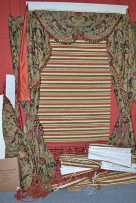 Lot 716 - Two pairs of green, gold and red floral brocade curtains, lined and interlined, four matching...