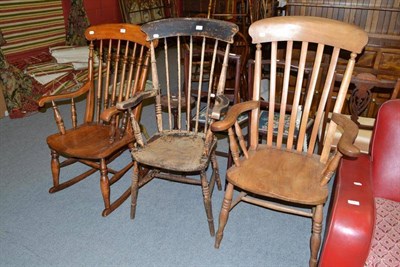 Lot 720 - A Victorian beech high lath back chair, a similar chair and another on boat shaped rockers