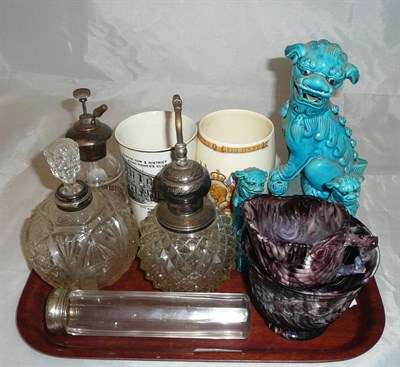 Lot 12 - Two silver-mounted perfume atomisers, a scent bottle, slag glass and sundry