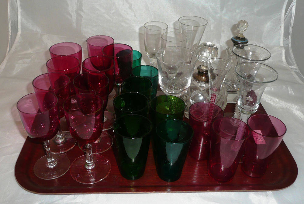 Lot 21 - Tray of coloured glass, Continental opaque twist glasses, scents, etc