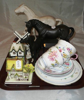 Lot 23 - Three Coalport cottages, Shelly teawares, Beswick horse 'Spirit of Fire' and Beswick' Black Beauty'