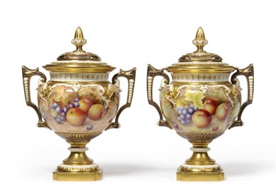 Lot 20 - A Pair of Royal Worcester Porcelain Twin-Handled Urn Shaped Vases and Covers, 20th century, painted