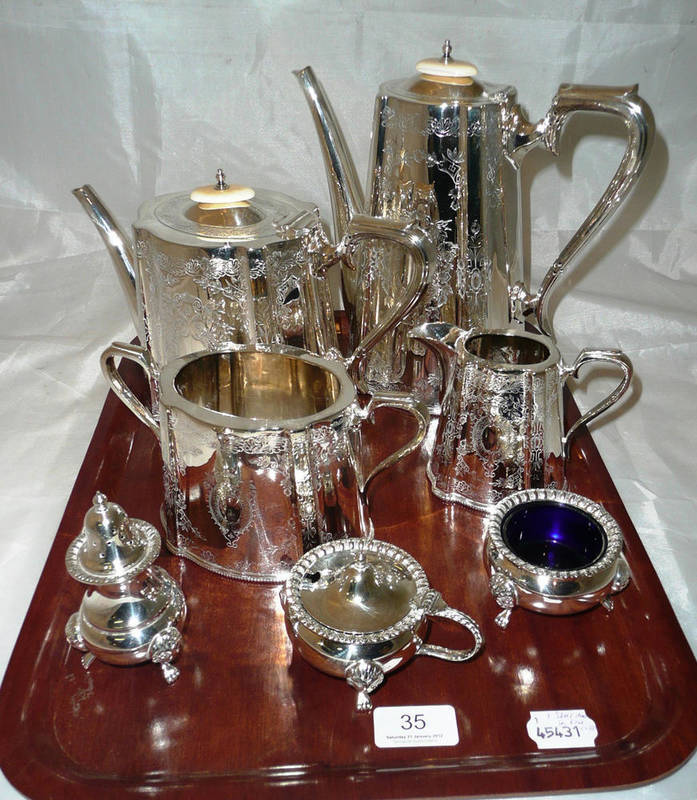 Lot 35 - Four piece silver plated tea service, three piece plated condiment set, two Edinburgh silver...