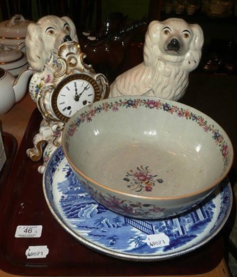 Lot 46 - Quantity of blue and white china, brass, pair of Staffordshire dogs, mantel clock etc on a tray and