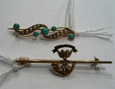 Lot 56 - A turquoise and seed pearl brooch and a regimental brooch