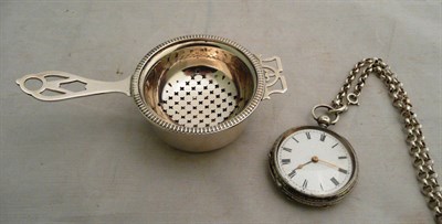 Lot 70 - A silver strainer and stand and a silver pocket watch and chain