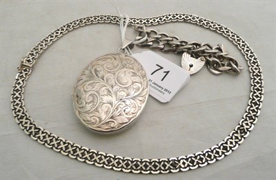 Lot 71 - A silver necklace, a large oval engraved silver locket and a silver curb and lock bracelet