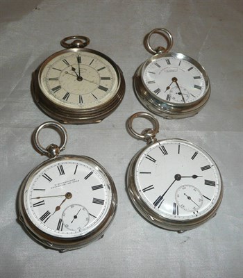 Lot 89 - A silver chronograph pocket watch and three other silver open faced pocket watches