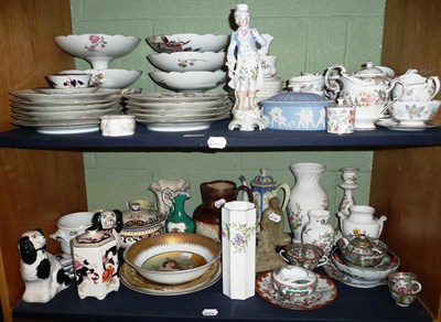 Lot 97 - Two shelves of decorative ceramics including a Limoges dessert service, stoneware harvest jug...