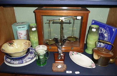 Lot 98 - A shelf of ceramics and ornamental items including a set of precision balance scales, Maling...