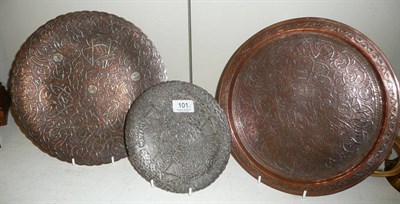 Lot 101 - Three Mameluke silver inlaid copper plates