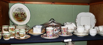 Lot 104 - Shelf of ceramics including Copelands Hunting Scenes coffee and dinner wares, Staffordshire...