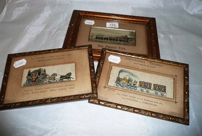 Lot 123 - Three framed and mounted Stevengraphs - 'The First Train from Stockton to Darlington', 'Royal...