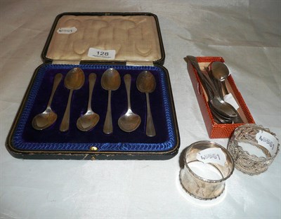 Lot 128 - A cased set of six silver teaspoons, a set of six silver teaspoons, a Georgian teaspoon and two...