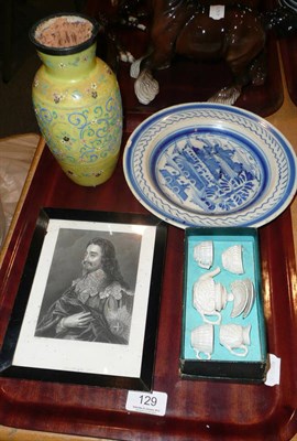 Lot 129 - Delft dish, dolls tea set, a print and a decorative glass vase