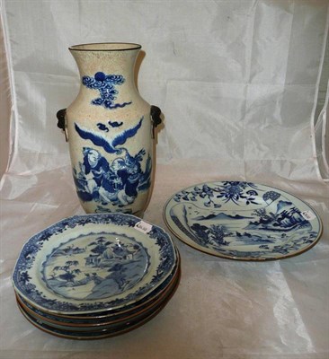 Lot 132 - Six Chinese 18th century blue and white plates and a Chinese crackle glaze vase