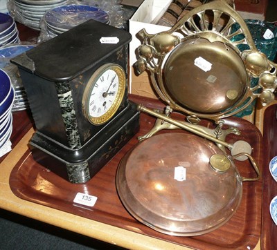 Lot 135 - A black slate clock, two copper warming pans and an Art Nouveau brass gong and stand
