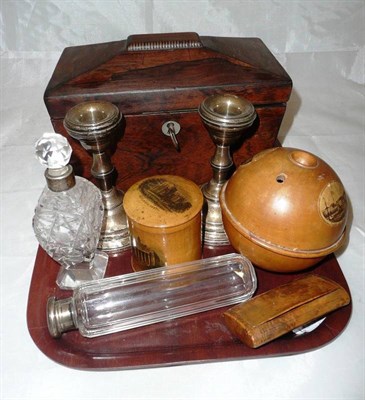 Lot 141 - Tea caddy, a scent bottle, a toilet bottle, two pieces of Mauchline ware, a snuff box and a pair of