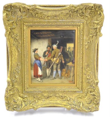 Lot 32 - A KPM Berlin Porcelain Plaque, circa 1870, painted with huntsmen in an inn interior, impressed...